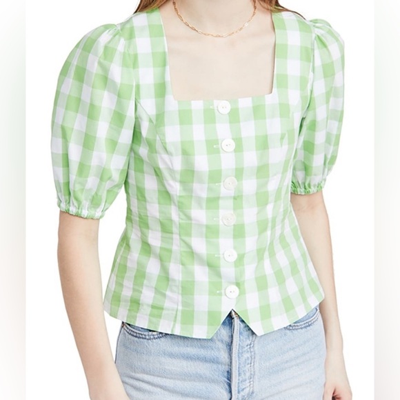 KITRI Green Plaid Gingham Cotton Top US 2 Retro Cottagecore Puff Sleeve Festival - Picture 3 of 9
